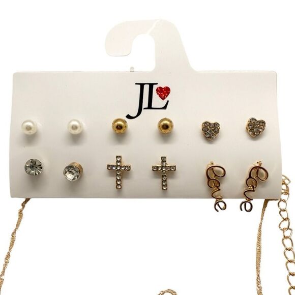 JL❤️ 6 Pairs Pierced Earrings and Cross Necklace Gold Color Style 2900 Class1138 - Picture 2 of 3